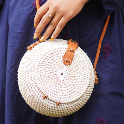 Batik bamboo sling bag, 'Rally Round in White' - Woven Bamboo Sling Bag from Bali