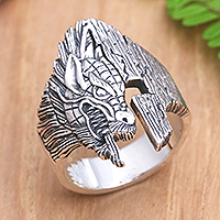 Men's sterling silver cocktail ring, 'Hungry Wolf' - Men's Sterling Silver Ring with Wolf Motif