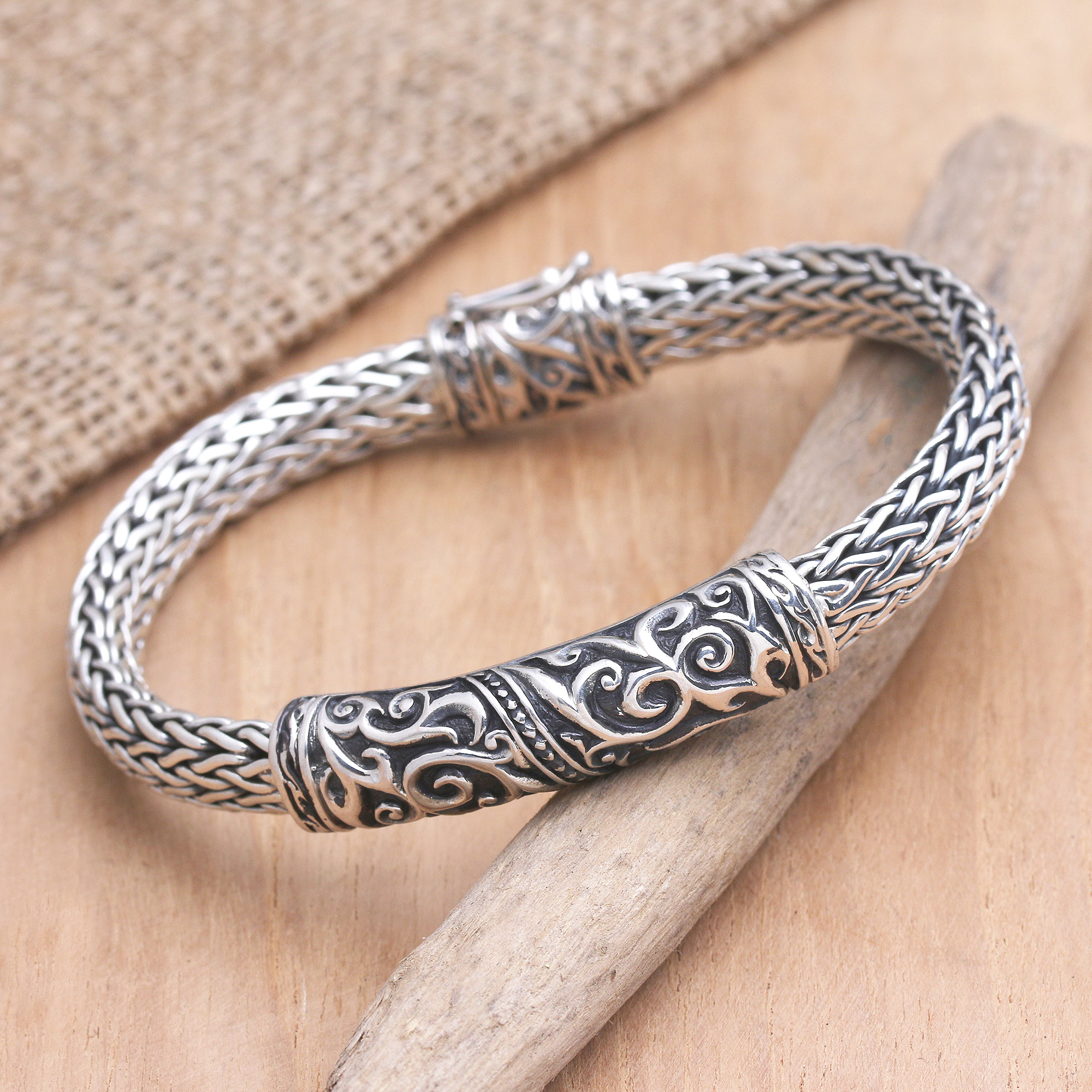 Stay Strong,'Handmade Silver and Leather Men's Bracelet from Bali