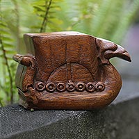 Decorative wood puzzle box, 'Swan Ship'