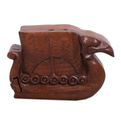 Decorative wood puzzle box, 'Swan Ship' - Hand Carved Suar Wood Puzzle Box