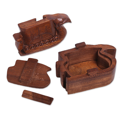 Decorative wood puzzle box, 'Swan Ship' - Hand Carved Suar Wood Puzzle Box