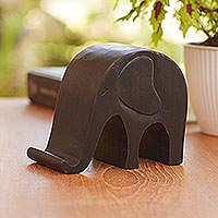 Wood phone holder, 'An Elephant Never Forgets'