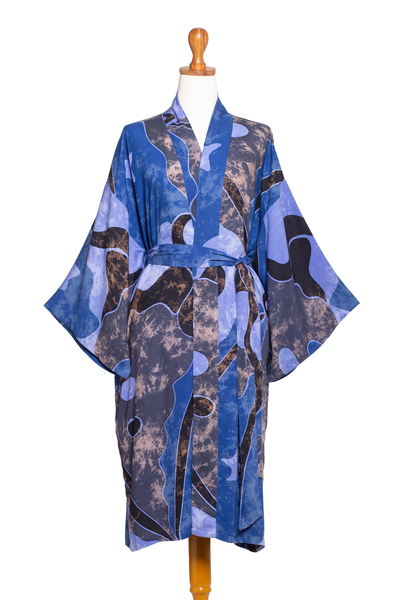 Batik rayon robe, 'Overseas' - Hand Made Batik Rayon Robe
