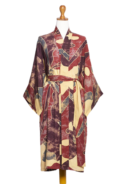 Batik rayon robe, 'Chocolate for Breakfast' - Hand-Painted Batik Rayon Robe