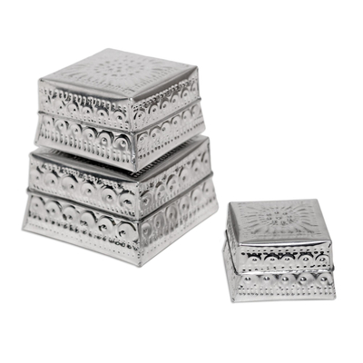 Decorative aluminum boxes, 'Shimmering Pyramid' (set of 3) - Hand Made Decorative Aluminum Boxes (Set of 3)