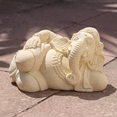 Sandstone statuette, 'Sunbathing Ganesha' - Sandstone Ganesha Statuette from Bali