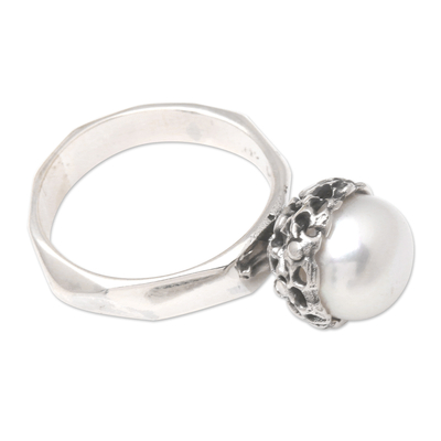 Cultured pearl single stone ring, 'Wild Winter' - Cultured Pearl and Sterling Silver Single Stone Ring