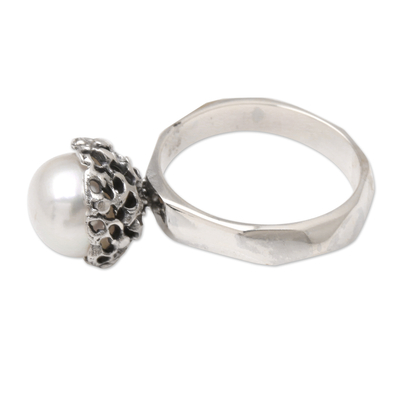 Cultured pearl single stone ring, 'Wild Winter' - Cultured Pearl and Sterling Silver Single Stone Ring