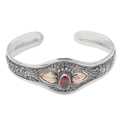 Gold-accented garnet cuff bracelet, 'Fly Over' - Gold-Accented Garnet Cuff Bracelet
