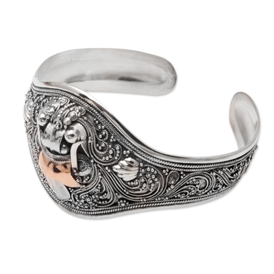 Gold-accented cuff bracelet, 'Fearsome Rangda' - Gold-Accented Sterling Silver Cuff Bracelet