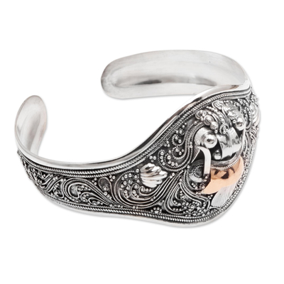 Gold-accented cuff bracelet, 'Fearsome Rangda' - Gold-Accented Sterling Silver Cuff Bracelet