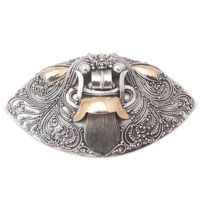 Gold-accented brooch, 'Balinese Rangda' - Gold-Accented Sterling Silver Brooch