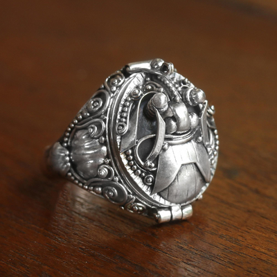 Men's sterling silver locket ring, 'Scared Ranga' - Men's Sterling Silver Locket Ring