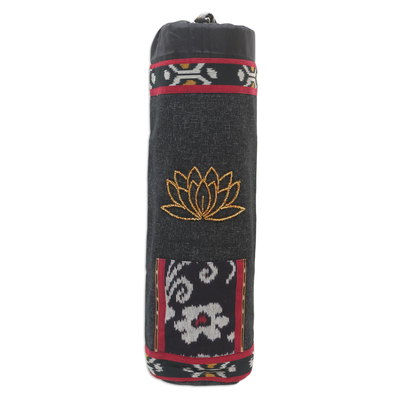 Ikat cotton yoga mat carrier, 'Lotus Lagoon in Black' - Ikat Cotton Yoga Mat Bag with Glass Bead Motif
