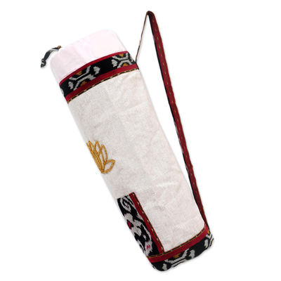 Ikat cotton yoga mat carrier, 'Lotus Lagoon in Ivory' - Javanese Ikat Cotton Yoga Mat Bag