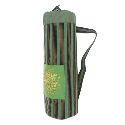 Ikat cotton yoga mat carrier, 'Large Striped Mandala' - Green Ikat Cotton Yoga Mat Carrier from Java