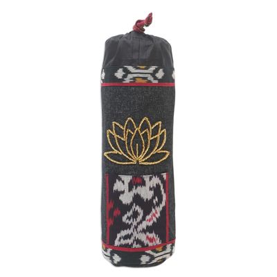 Ikat cotton yoga mat carrier, 'Large Lotus Lagoon in Black' - Ikat Cotton Yoga Mat Carrier with Glass Bead Accent
