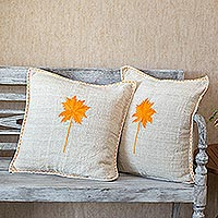 Embroidered cotton cushion covers, 'Tropical Palm' (pair) - Embroidered Cotton Cushion Covers from Bali (Pair)