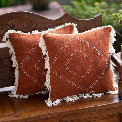 Cotton cushion covers, 'Intimate Acquaintance in Rust ' (pair) - Fringed Cotton Cushion Covers from Bali (Pair)