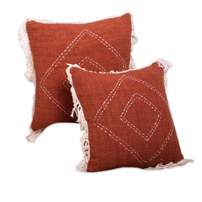 Cotton cushion covers, 'Intimate Acquaintance in Rust ' (pair) - Fringed Cotton Cushion Covers from Bali (Pair)