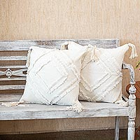 Cotton cushion covers, 'White Nights' (pair) - Tasseled Cotton Cushion Covers from Bali (Pair)