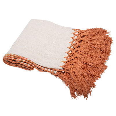 Cotton throw, 'Balinese Warmth' - Hand Crafted Fringed Cotton Throw