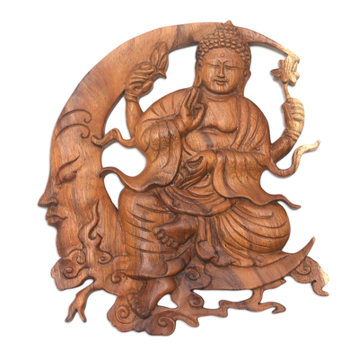 Wood relief panel, 'Dreaming Buddha' - Buddha-Themed Suar Wood Relief Panel