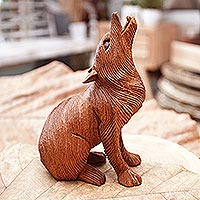 Wood statuette, 'Northern Howl' - Hand Carved Suar Wood Wolf Statuette