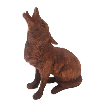 Wood statuette, 'Northern Howl' - Hand Carved Suar Wood Wolf Statuette