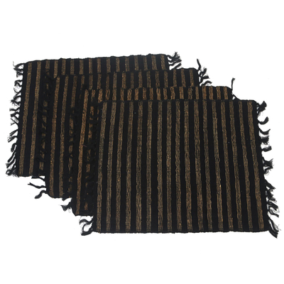 Cotton blend placemats, 'Black Lurik' (set of 4) - Striped Cotton and Natural Fiber Placemats (Set of 4)
