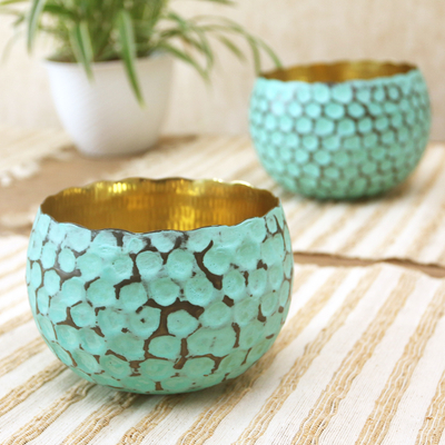 Copper decorative bowls, 'Twin Green' (pair) - Copper Decorative Bowls with Antiqued Exterior (Pair)
