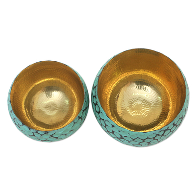 Copper decorative bowls, 'Twin Green' (pair) - Copper Decorative Bowls with Antiqued Exterior (Pair)