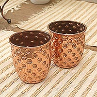 Copper cups, 'Rosy Polka Dots' (pair) - Hammered Copper Cups Handcrafted in Java (Pair)