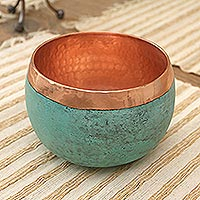 Decorative copper bowl, 'Green Tosca' - Decorative Copper Bowl with Hammered Finish