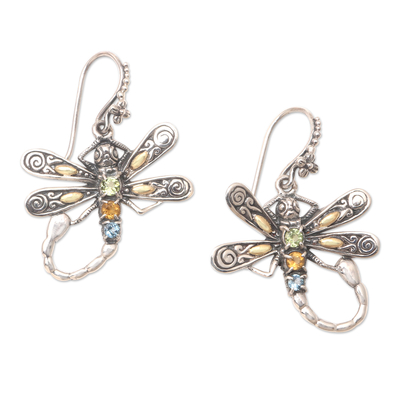 Pendientes colgantes con múltiples piedras preciosas - Aretes colgantes de libélula con detalles dorados