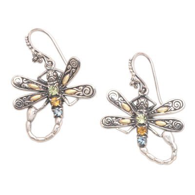 Pendientes colgantes con múltiples piedras preciosas - Aretes colgantes de libélula con detalles dorados