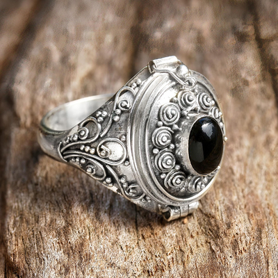Onyx locket ring, 'Careful Heart' - Sterling Silver and Onyx Locket Ring