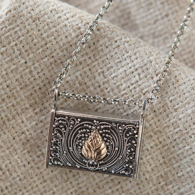 Men's gold-accented locket necklace, 'Holy Bud' - Men's Gold-Accented Necklace with Lotus Motif