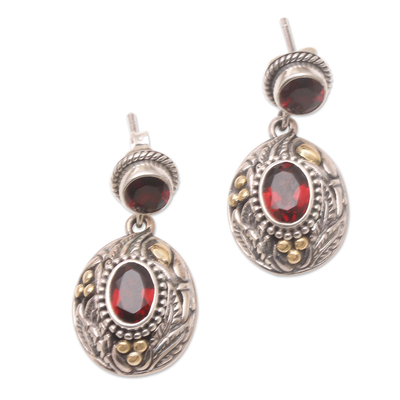 Gold accented garnet dangle earrings, 'Historical Beauty' - Antique Style Garnet and Sterling Silver Earrings from Bali