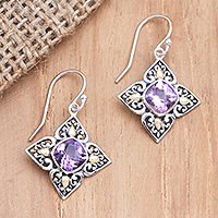 Gold accented amethyst dangle earrings, 'Cardinal Points' - Amethyst and Sterling Silver Dangle Earrings with Gold