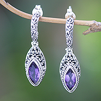 Amethyst half-hoop earrings, 'Purple Marquise' - Oxidized Sterling Silver Earrings with Marquise Amethysts