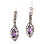 Amethyst half-hoop earrings, 'Purple Marquise' - Oxidized Sterling Silver Earrings with Marquise Amethysts