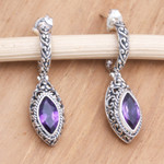 Amethyst half-hoop earrings, 'Purple Marquise' - Oxidized Sterling Silver Earrings with Marquise Amethysts