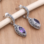 Amethyst half-hoop earrings, 'Purple Marquise' - Oxidized Sterling Silver Earrings with Marquise Amethysts