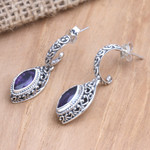 Amethyst half-hoop earrings, 'Purple Marquise' - Oxidized Sterling Silver Earrings with Marquise Amethysts