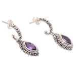 Amethyst half-hoop earrings, 'Purple Marquise' - Oxidized Sterling Silver Earrings with Marquise Amethysts