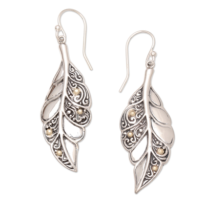 Gold-accented sterling silver dangle earrings, 'Gold Dot Leaves' - Sterling Silver Leaf Pattern Earrings with Balinese Swirl