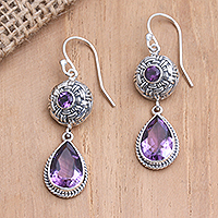 Amethyst dangle earrings, 'Raindrop Basket' - Sterling Silver and Amethyst Dangle Earrings in Two Parts
