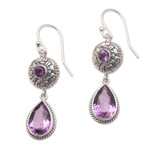 Amethyst dangle earrings, 'Raindrop Basket' - Sterling Silver and Amethyst Dangle Earrings in Two Parts